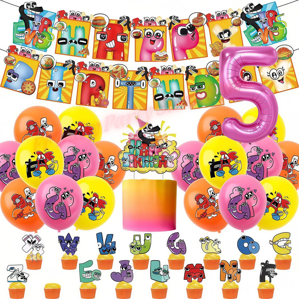 Alphabet Lore Birthday Party Supplies – Balloons & Backdrop Set Party Decoration Set Babs 1set-Number 5 12inch