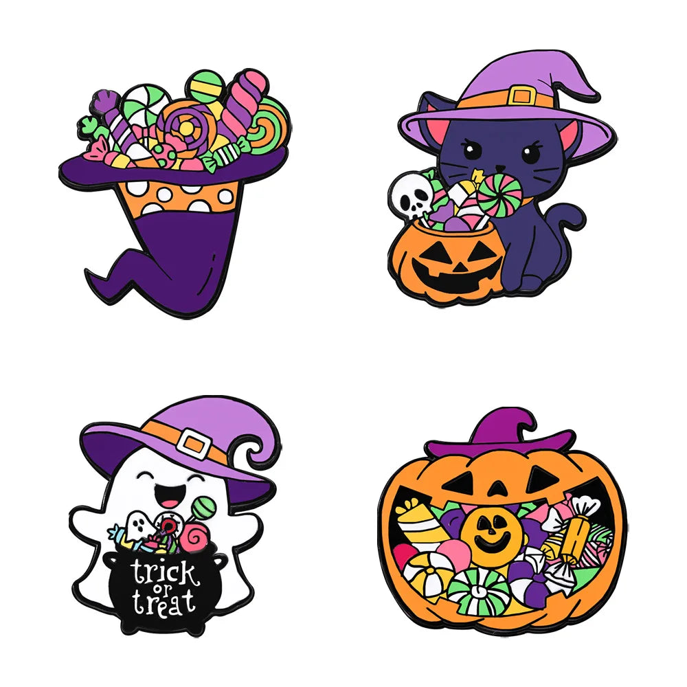 Halloween Metal Brooch Lapel Pins – Ghost, Pumpkin & Wizard Halloween Lapel Pin Babs 4PCS