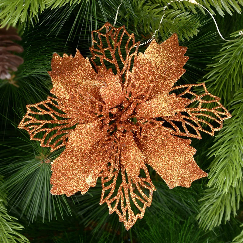 5pcs Glitter Artificial Christmas Flowers – Tree & Home Decor Christmas Floral Picks Babs bronze 16cm