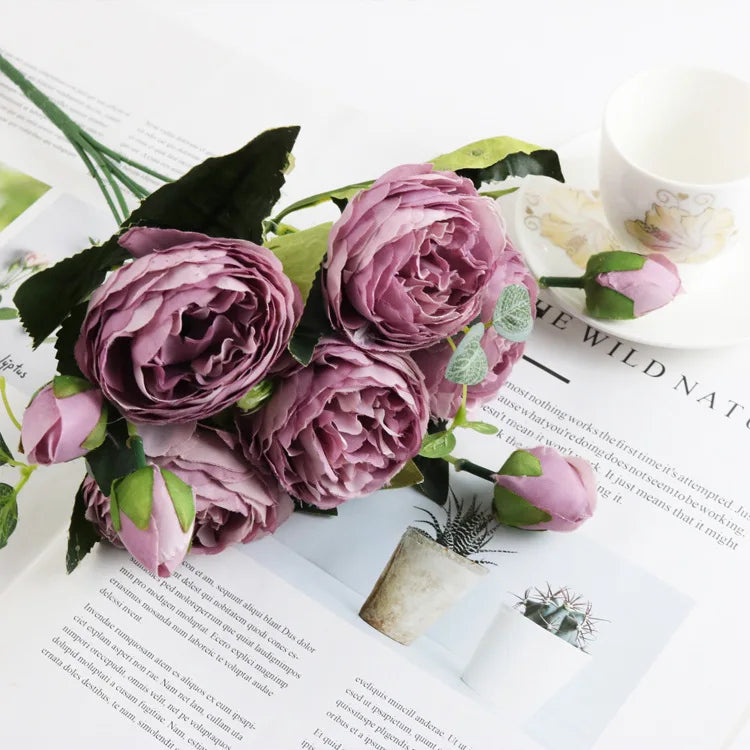 Silk Peony Rose Artificial Bouquet – Wedding & Home Décor Artificial Flower Bouquet Babs purple red