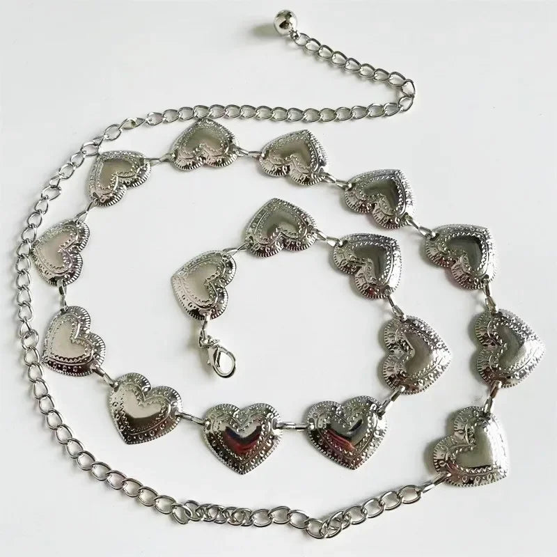 Vintage Women's Metal Love-Heart Chain Tassel Waist Belt Chain Waist Belt Babs Silver Heart 110cm