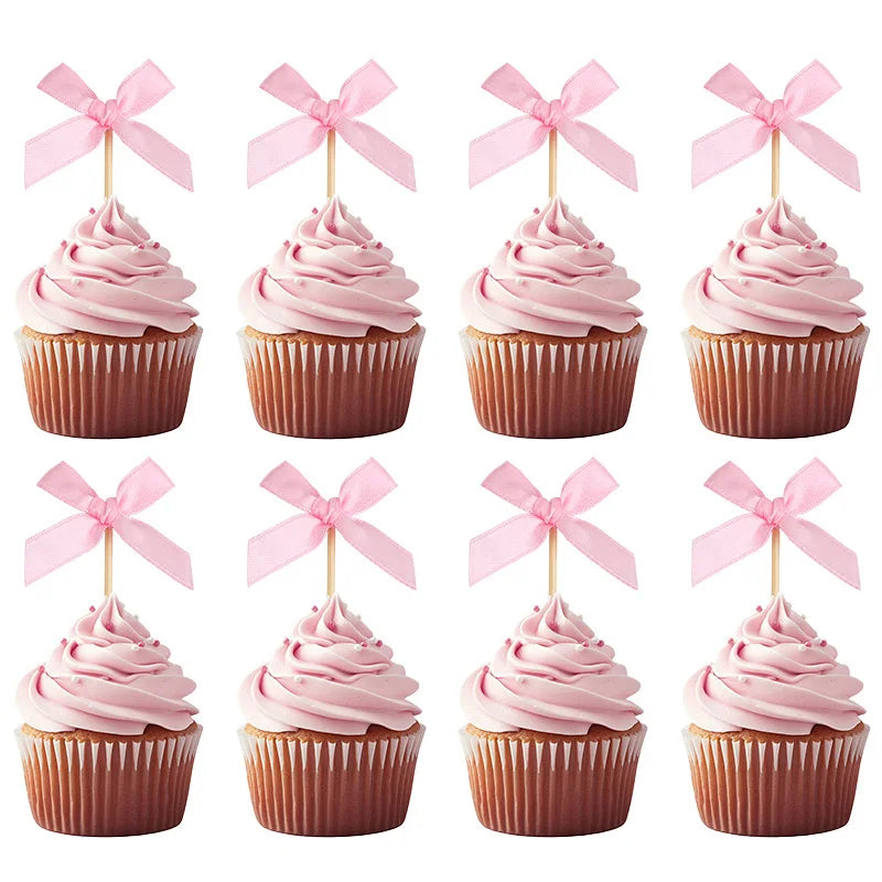 12Pcs Pink Bow Cupcake Toppers – Birthday & Baby Shower Decor Cupcake Toppers Babs