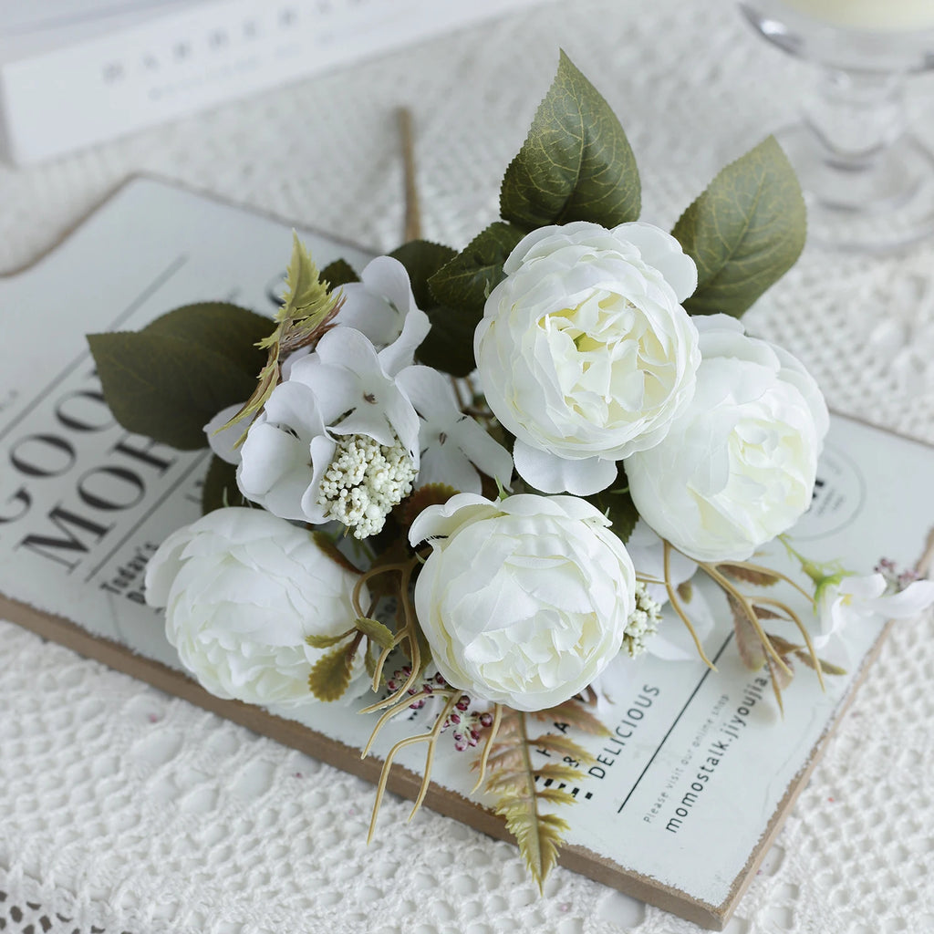 Artificial Silk Peony Hydrangea Bouquet – Wedding & Home Décor Artificial Flower Bouquet Babs WHITE 1 PC