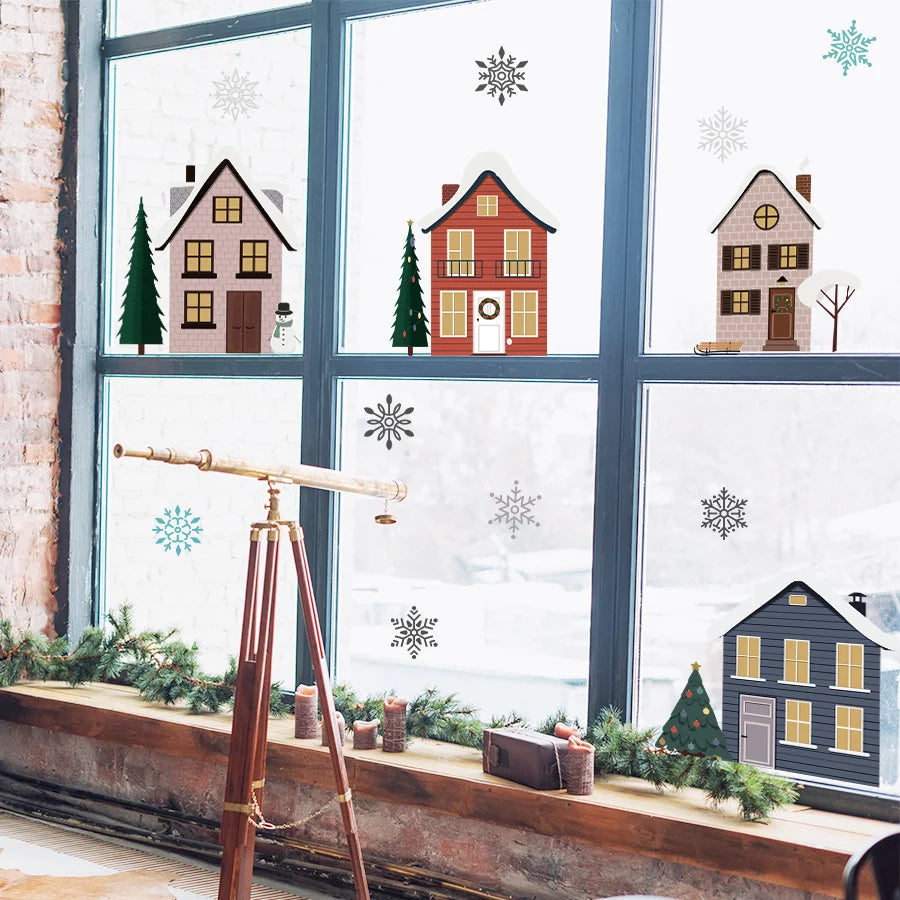 Cartoon Snowflake House Window Sticker – Double-Sided Glass Decal Glass Window Sticker Babs