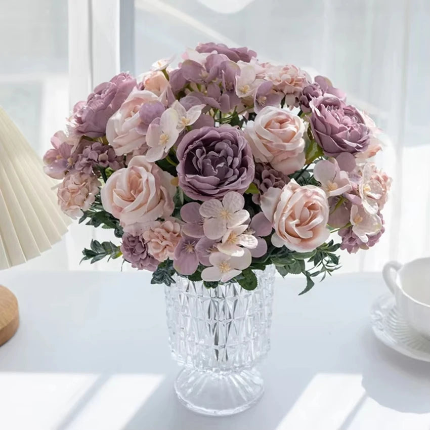 Artificial Silk Peony Rose Hydrangea 7-Fork Floral Stem Artificial Floral Stem Babs