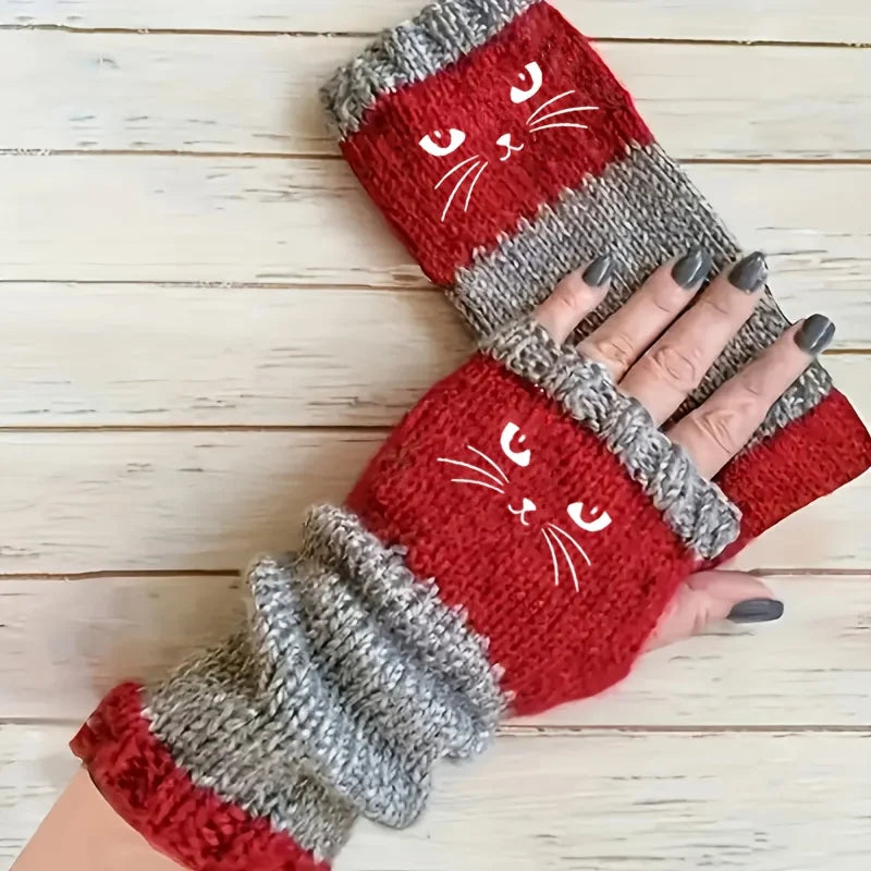 Cat Lover Knitted Fingerless Gloves – Cute Cat Pattern Fingerless Gloves Babs Red One Size