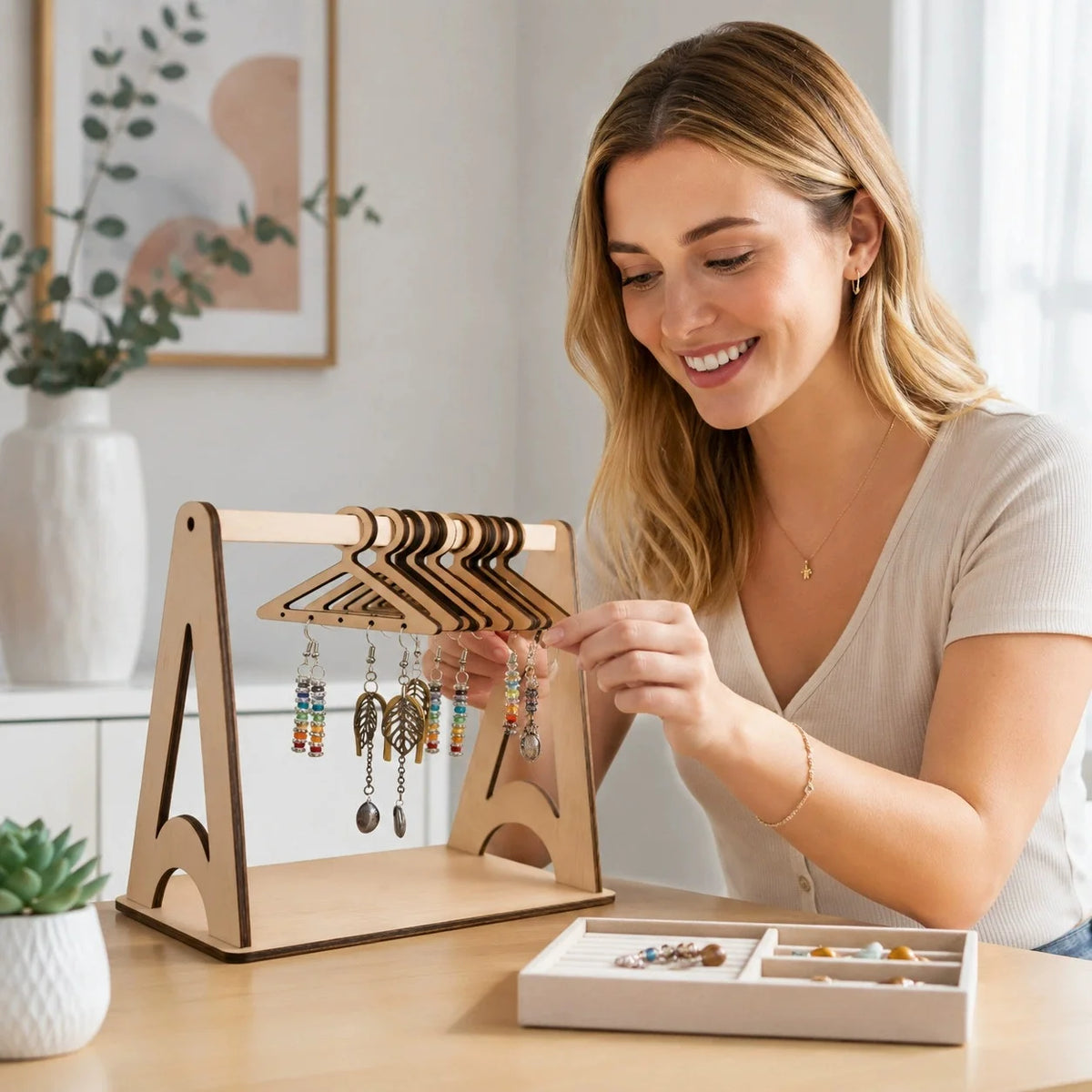 Rustic Wood Jewelry Organizer Stand – Earrings, Necklace & Ring Jewelry Organizer Stand Babs