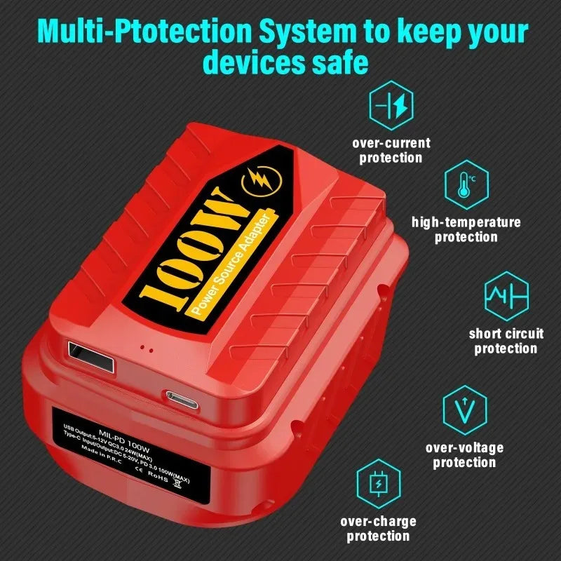 PD100W USB & Type-C Battery Adapter for Milwaukee 18V/20V Battery USB Adapter Babs