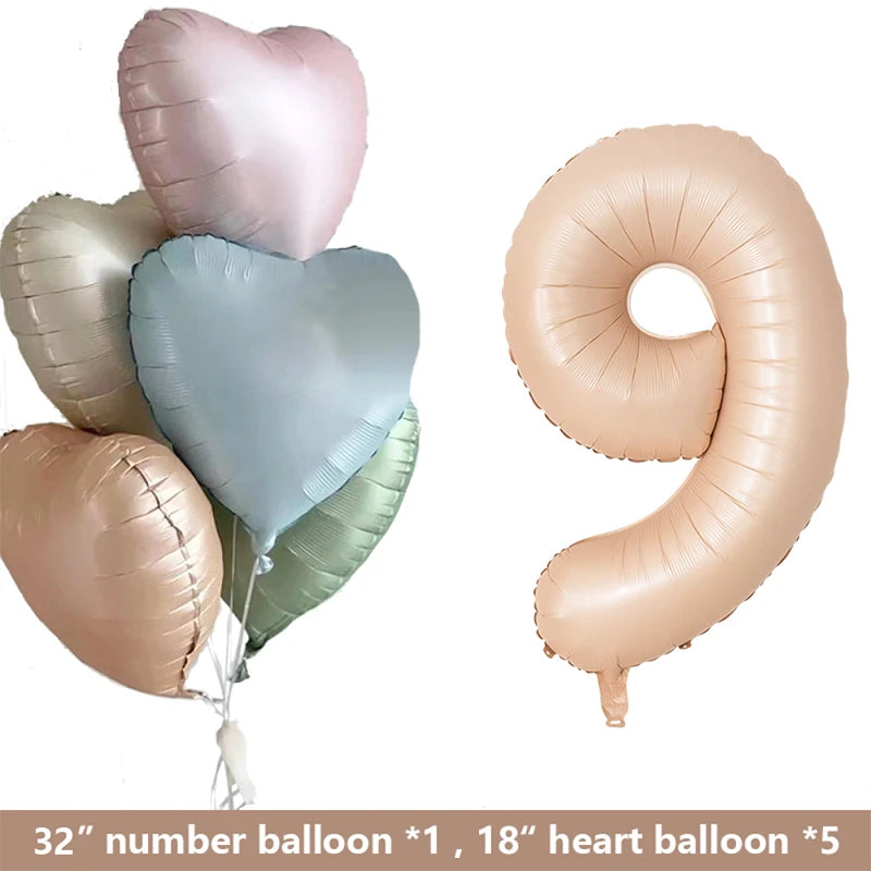 Retro Caramel Heart & 32" Number Foil Balloon Set – Party Décor Party Balloon Set Babs 6Pcs Number9 set Other