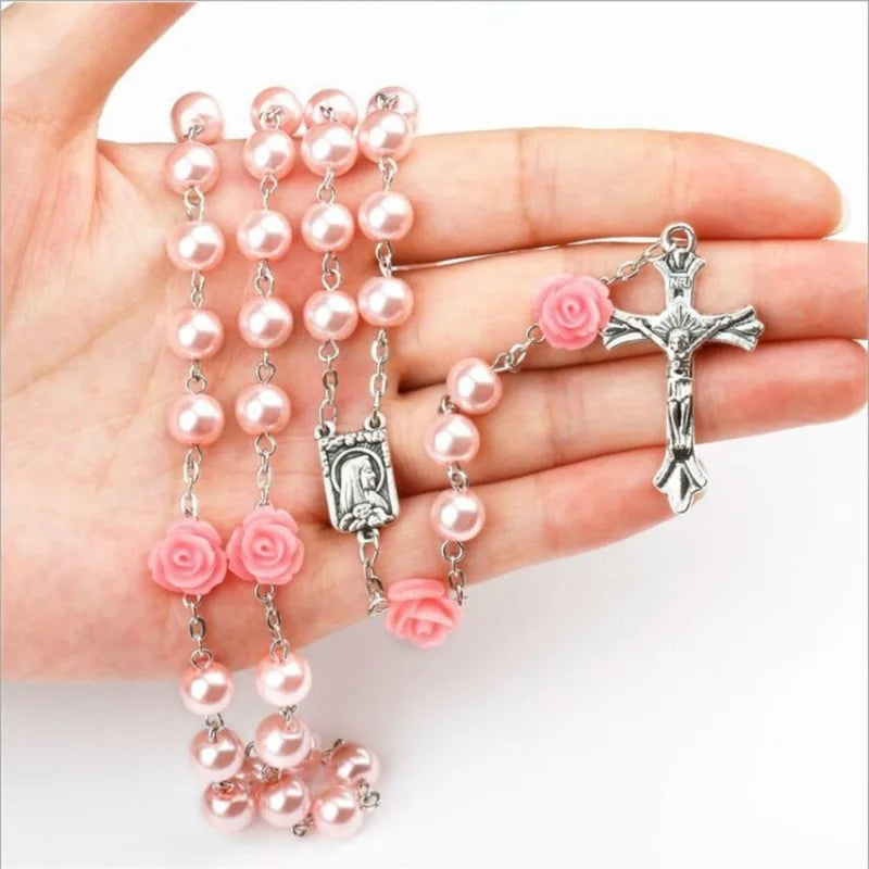 Polymer Clay Bead Rosary Cross Necklace | Catholic Gift Religious Pendant Necklace Babs
