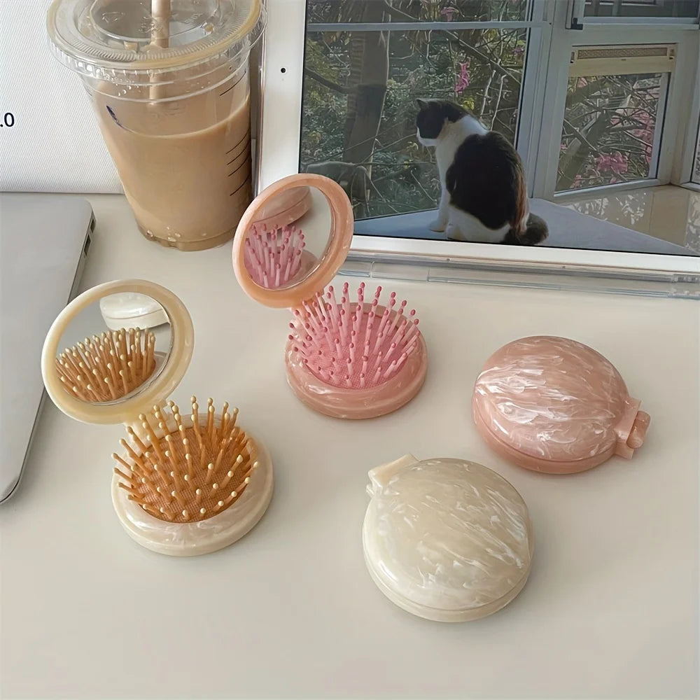 Marble Air Cushion Hair Comb with Mirror – Foldable Travel Air Cushion Hair Comb Babs
