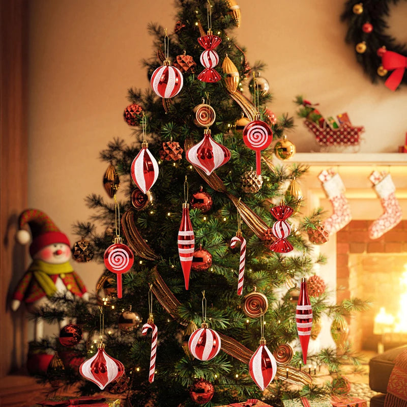 14-Piece Christmas Ball Ornaments Set – Red & Candy Cane Christmas Tree Ornaments Babs