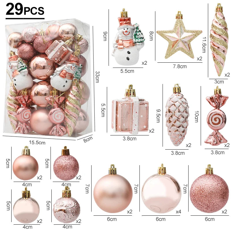 Red Christmas Tree Ball & Candy Cane Ornament Set | Big Pendants Christmas Ornament Set Babs Rose Gold-29pcs