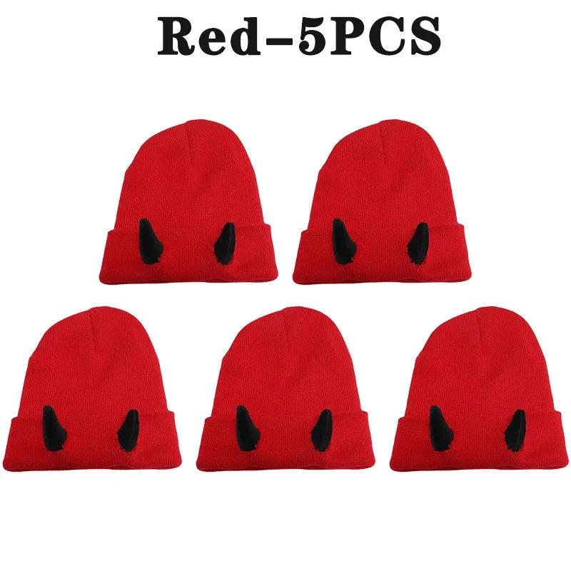 Devil Horn Knit Beanie Hat – Funny Costume Cap for Teens & Adults Novelty Knit Beanie Babs Red-5PCS