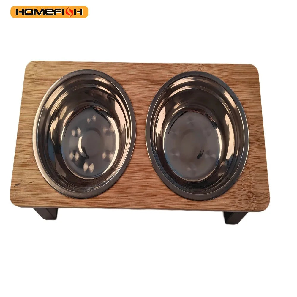 Elevated Cat Bowl 15° Tilted Raised Feeder with Wooden Base & 2 Bowls Elevated Cat Feeder Babs