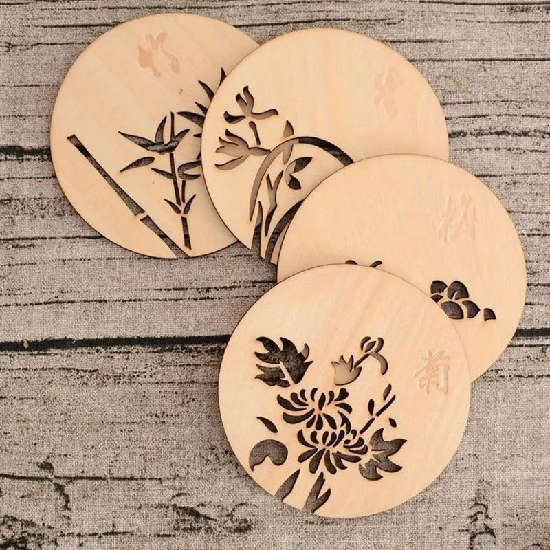 Chinese Floral Wooden Carved Coasters – Orchid, Bamboo, Chrysanthemum Wooden Cup Coasters Babs