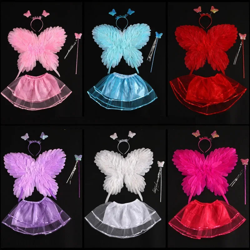 Girls Fairy Butterfly Feather Wings Costume Set with Skirt & Wand Kids Fairy Costume Set Babs