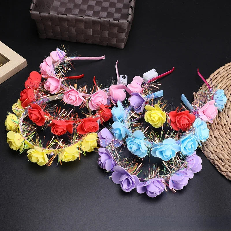 10pcs Light-Up Flower Crown Headbands – Glowing Party Wreath LED Party Headband Babs