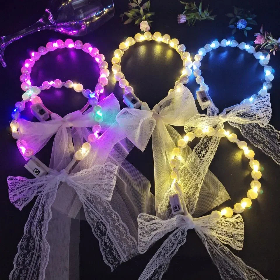 10pcs Light Up Lace Pearl Headbands – Glow Party Accessories Light-Up Headband Set Babs