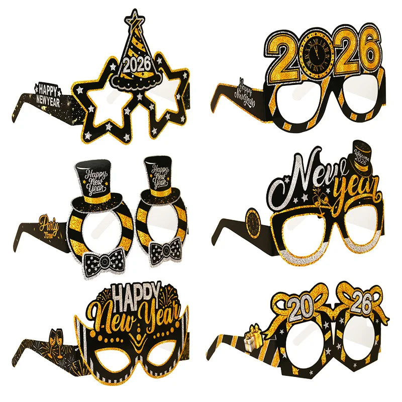 2026 New Year's Eve Party Props, Glasses & Gold Balloons Kit Party Decoration Kit Babs 6pcs paper glasses