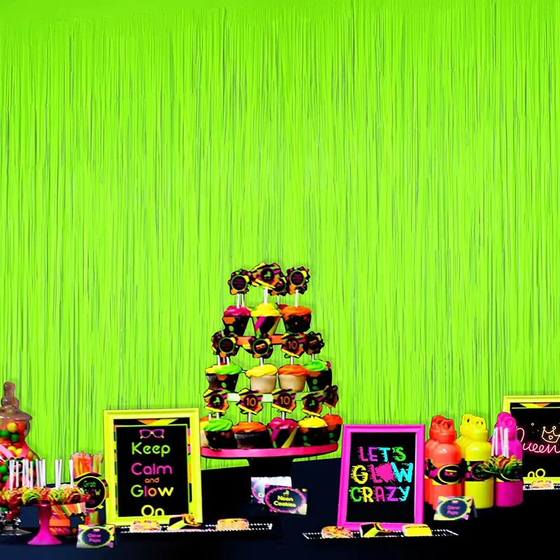 Neon Glow Party Fringe Curtain Backdrop & Birthday Banner Set Party Decoration Set Babs