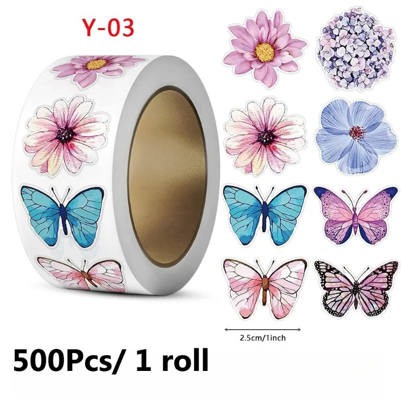 500Pcs Butterfly Flower Roll Stickers – Waterproof DIY Decals Decorative Sticker Roll Babs 1 roll