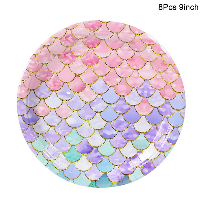 Mermaid Party Tableware Set – Plates, Cups, Napkins & Tablecloth Party Tableware Set Babs 8pcs 9inch plate