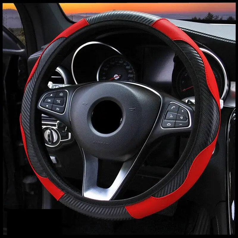 PU Leather Car Steering Wheel Cover – Anti-Slip 38cm Steering Wheel Cover Babs Red