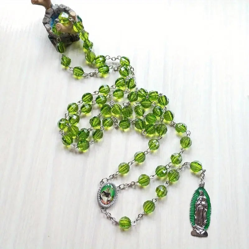 Green Virgin Mary Cross Necklace – Acrylic Sweater Chain Religious Chain Necklace Babs