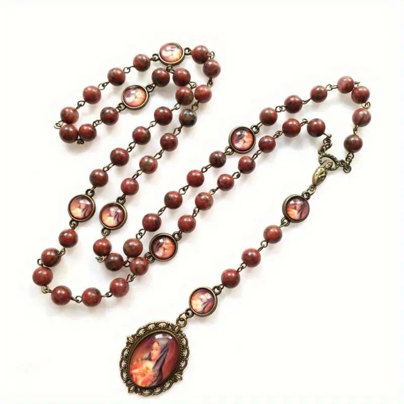 Seven Sorrows Rosary Necklace – Wine Red Stone Prayer Chaplet Rosary Necklace Babs 1pc
