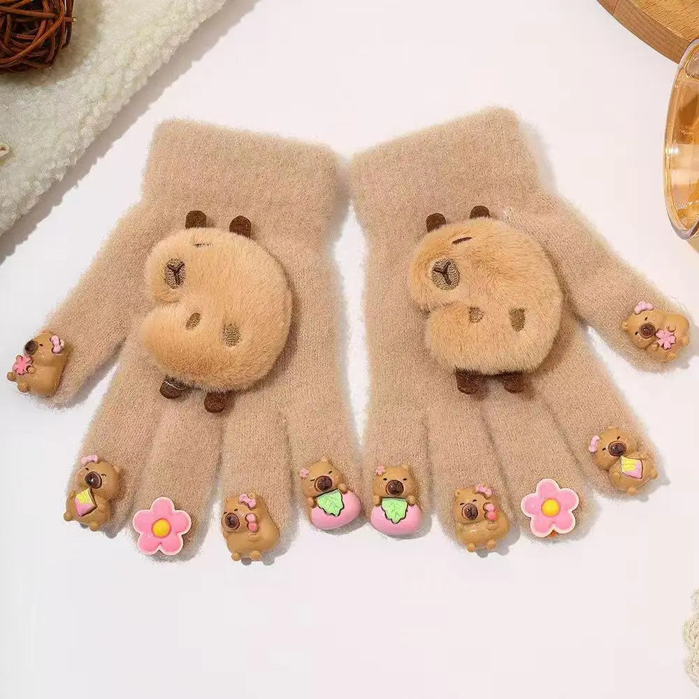 Cute Capybara Plush Knit Winter Gloves for Women Winter Knit Gloves Babs One Size B