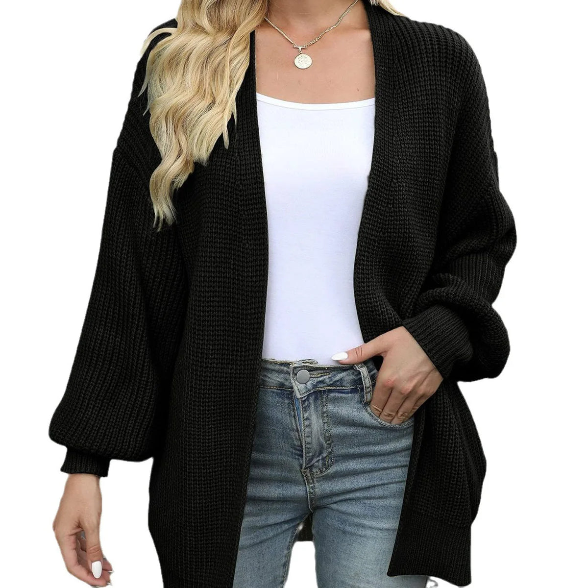 Women's Lantern Sleeve Thick-Knit Cardigan – Loose V-Neck Coat Knit Cardigan Sweater Babs XXL black
