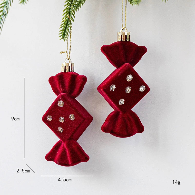 2pcs Velvet Christmas Ornaments – Burgundy Red Bell Candy Cane Christmas Tree Ornaments Babs Candy