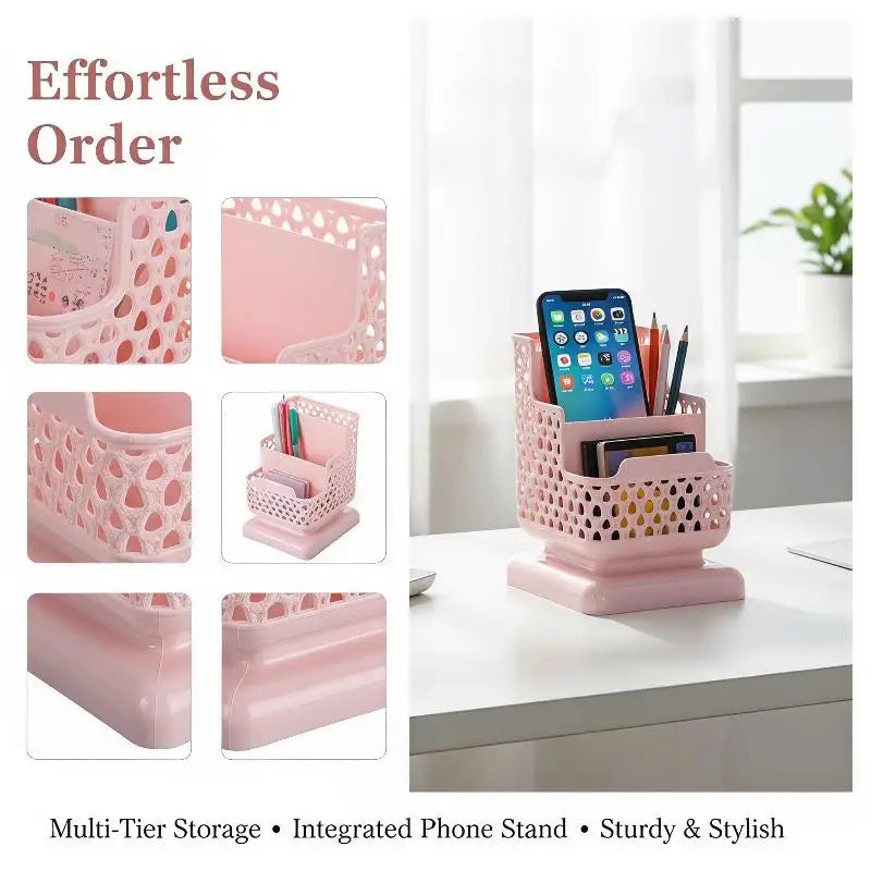 3-Tier Hollow Pen Holder & Phone Stand Desktop Organizer Desktop Pen Organizer Babs