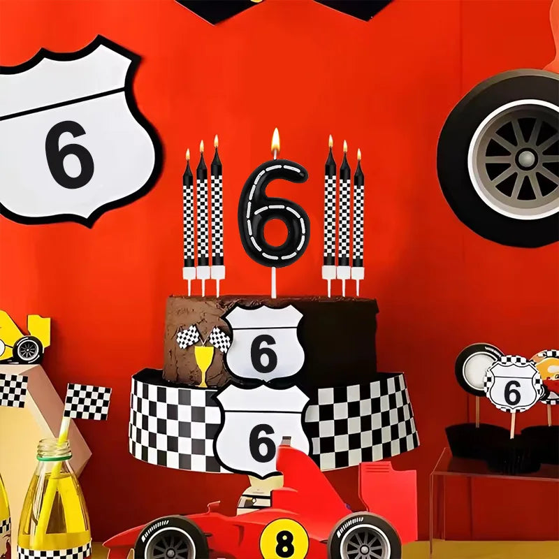 7-Pc Racing Car Birthday Candles & Checkered Cake Topper Set Birthday Cake Candles Babs
