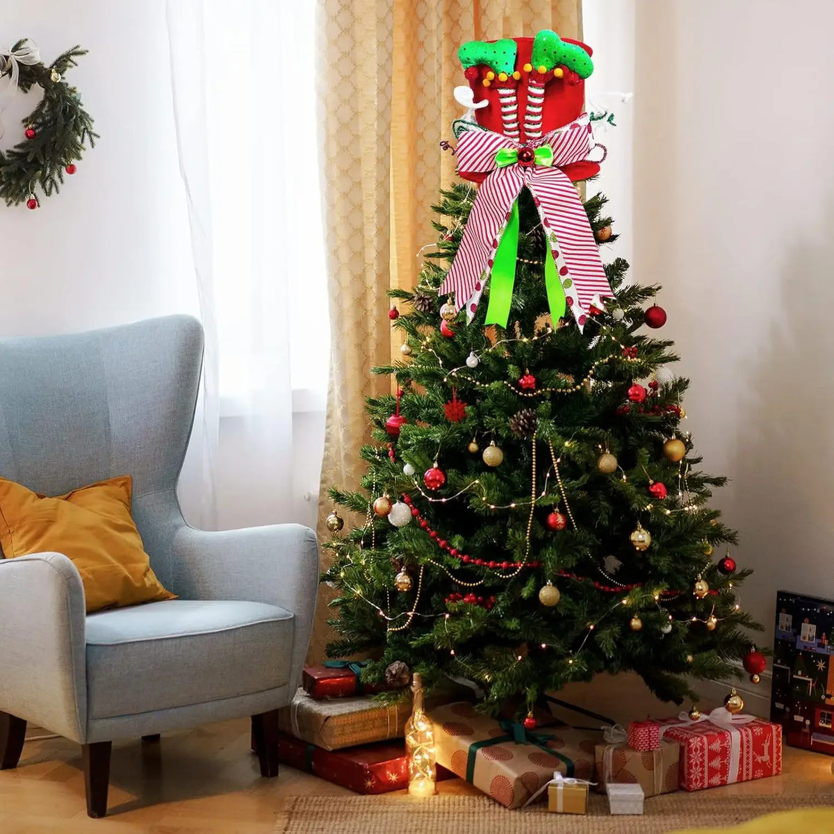 Christmas Tree Topper Velvet Hat – Elf Legs & Bowknot Decor Christmas Tree Topper Babs