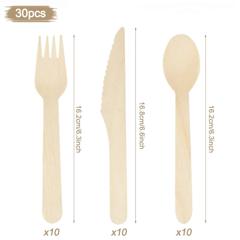 Disposable Wooden Cutlery Set – Party Spoon Fork Knife Disposable Cutlery Set Babs 30pcs-set-16cm