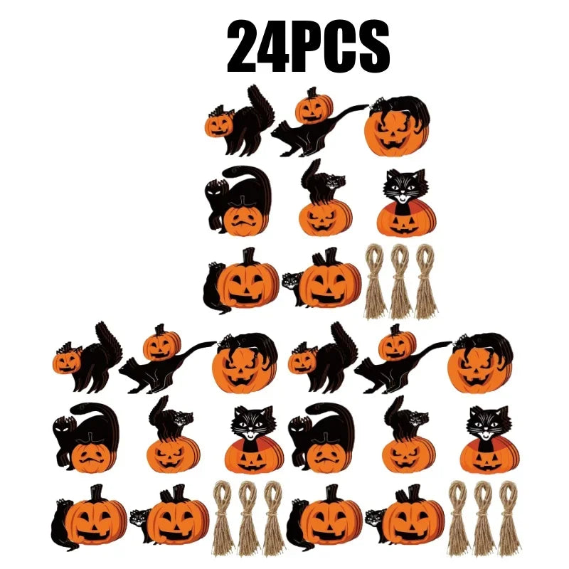 Wooden Halloween Ornaments – Pumpkin & Black Cat Hanging Set Halloween Ornament Set Babs 3Set