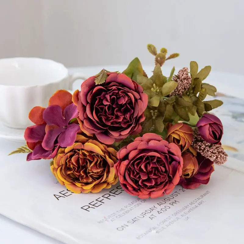 Silk Artificial Peony Hydrangea Bouquet – Wedding & Home Decor Artificial Flower Bouquet Babs Brown 2 pcs