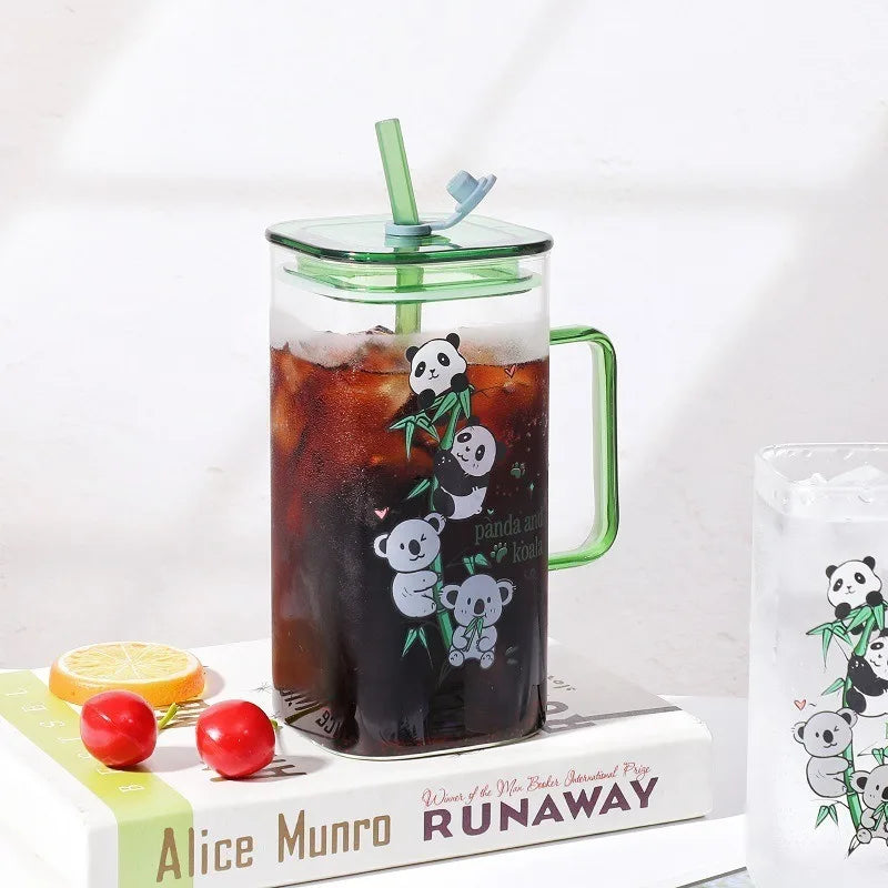 Square Glass Water Cup Cartoon Panda Straw Lid Large Capacity Glass Drinkware Cup Babs