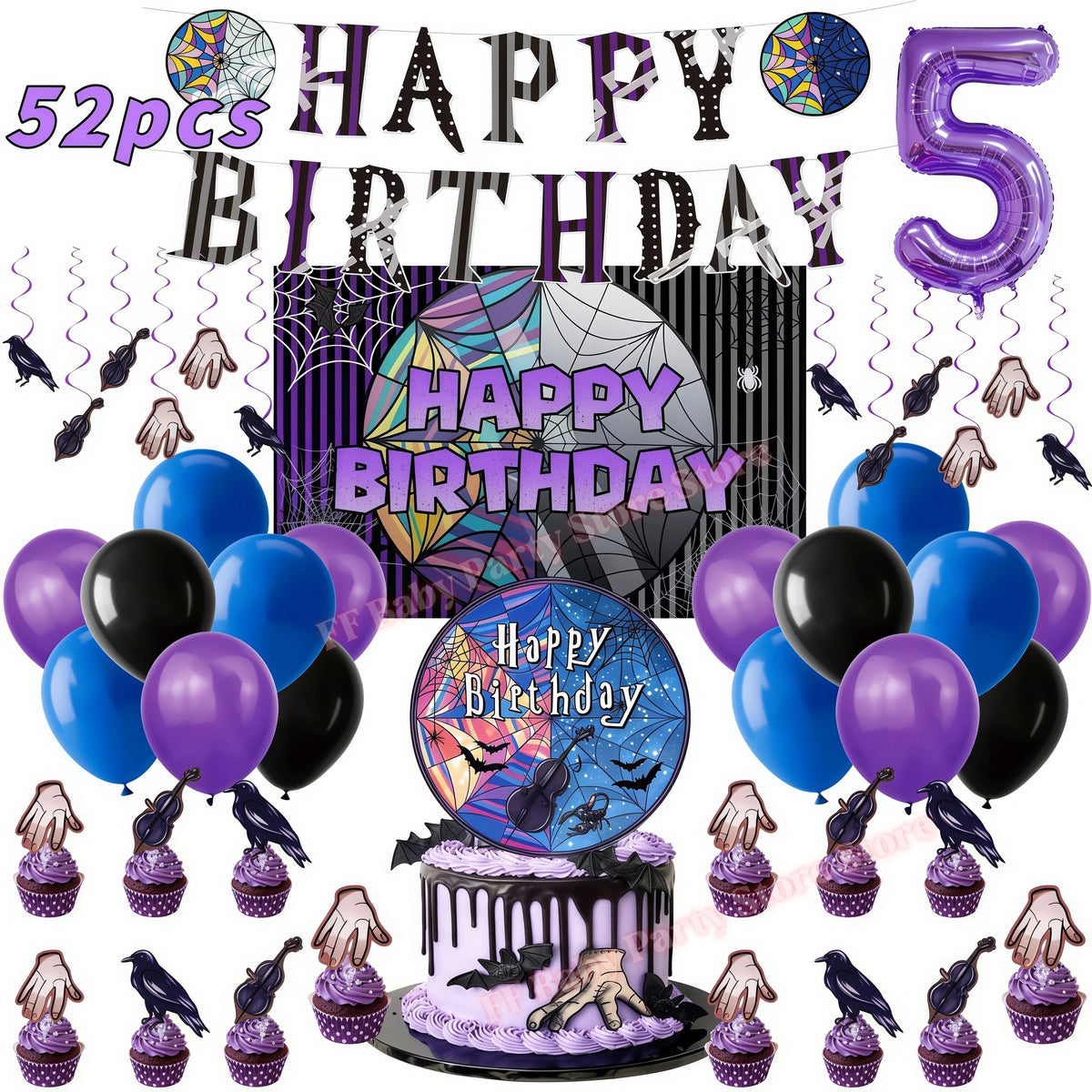 Addams Dark Academia Birthday Party Kit – Balloons, Plates & Backdrop Party Decoration Kit Babs 52pcs Numer5 others