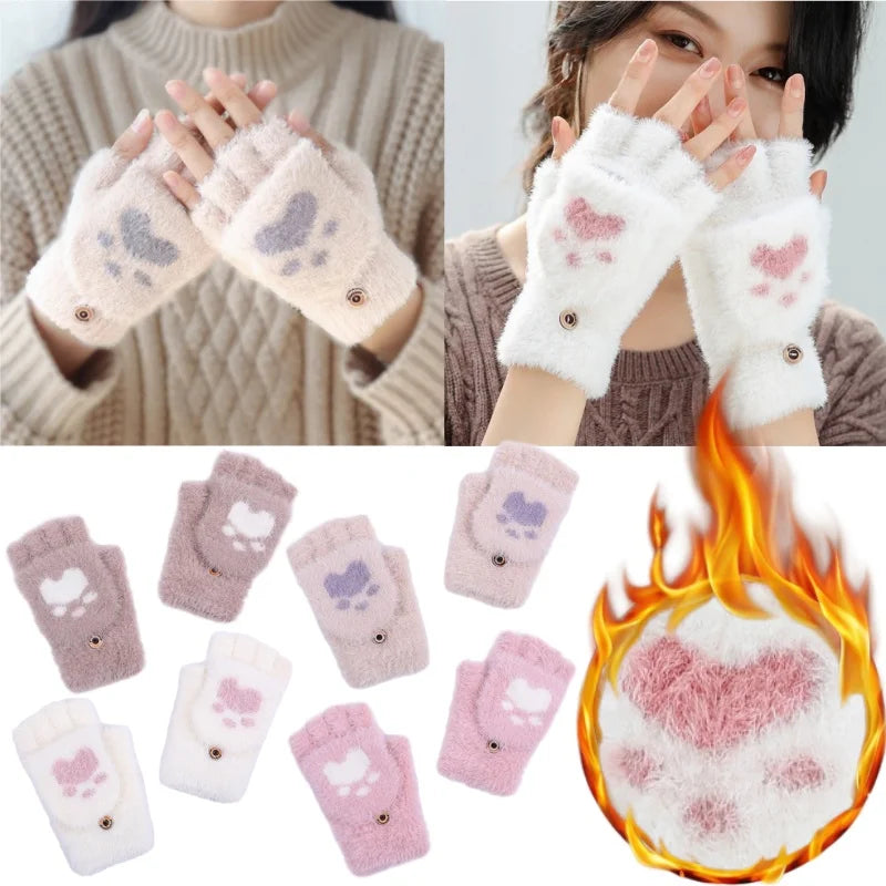 Cat Paw Convertible Flip-Top Mittens – Plush Lined Winter Gloves Convertible Mittens Babs