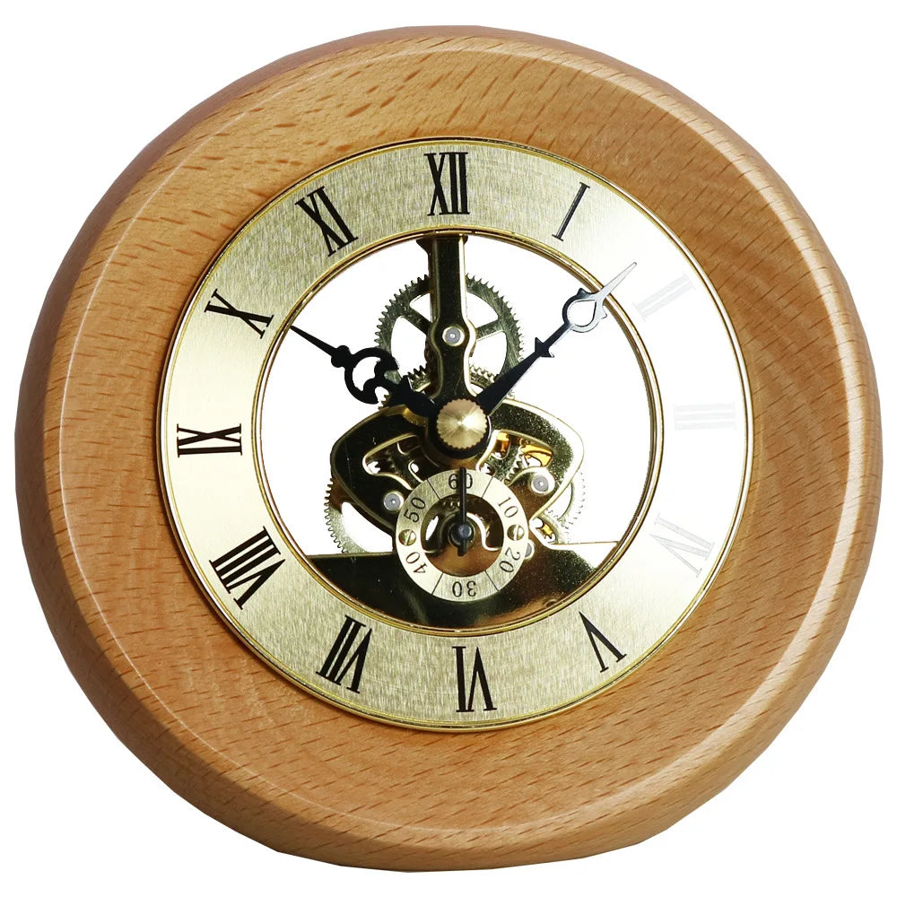 Retro Solid Wood Gear Desk Clock – Transparent Rotating Quartz Decorative Desk Clock Babs Log color gold