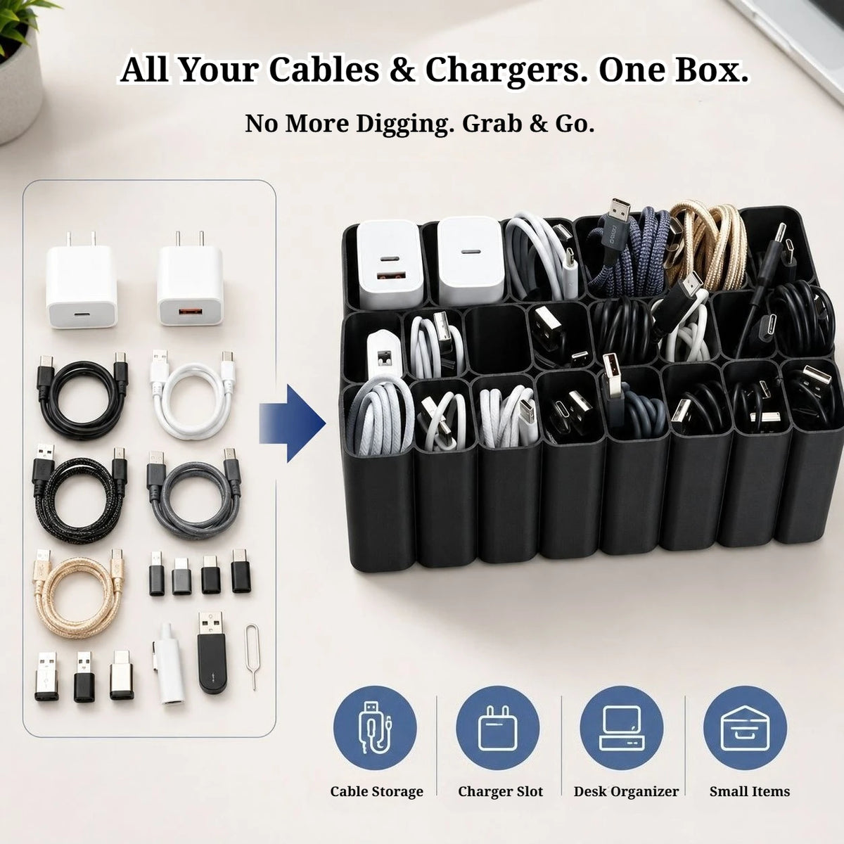 Desktop USB Cable Organizer Box – 22/11 Grid Cord Storage Desktop Cord Organizer Babs