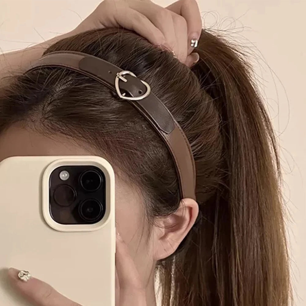PU Leather Heart Buckle Headband for Women – Coffee Brown Leather Headband Babs
