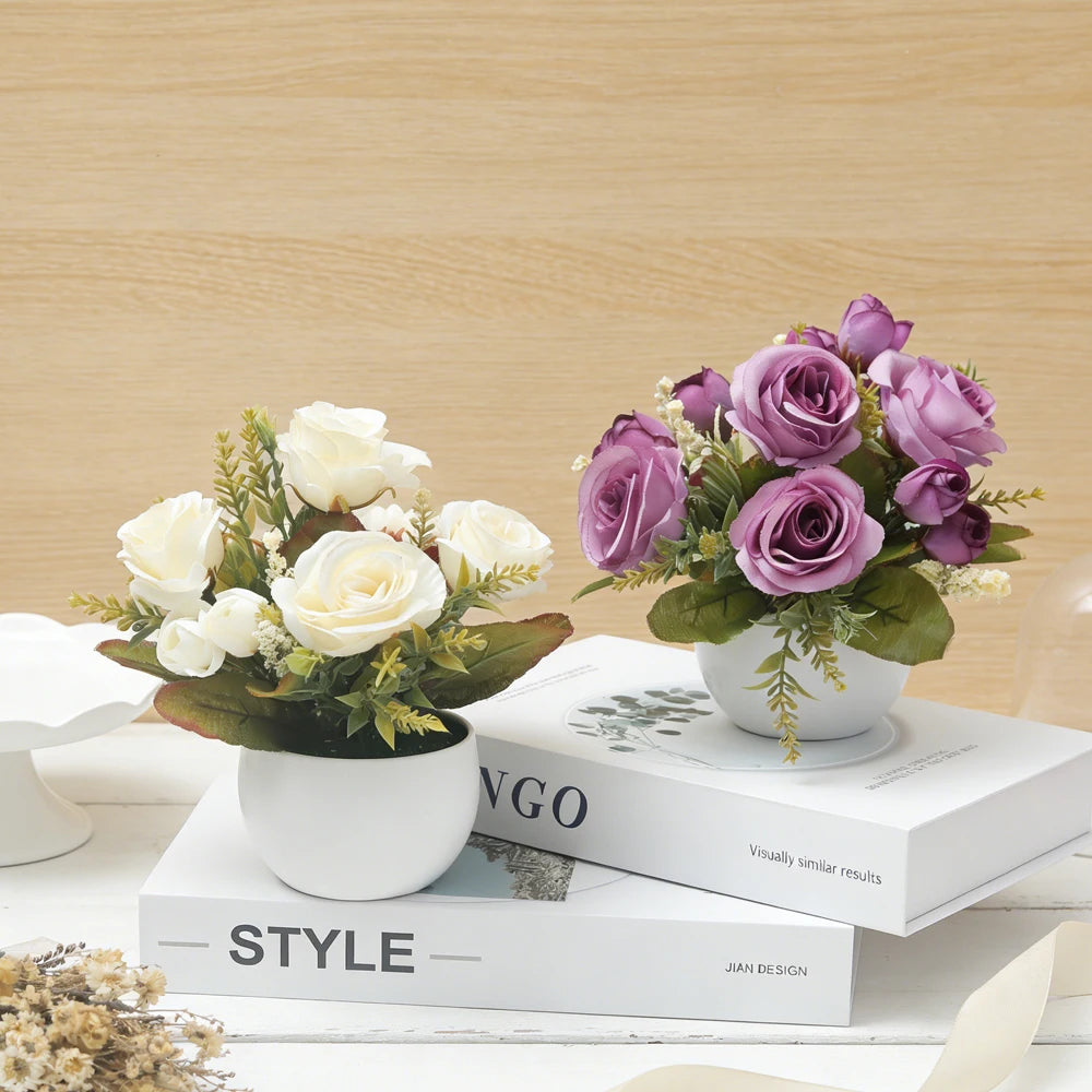 Artificial Silk Rose Bonsai Pot | Autumn Flower Vase Home Decor Artificial Flower Decor Babs