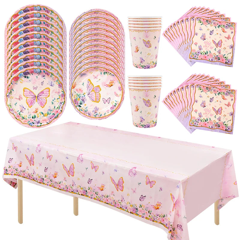 Pink Butterfly Party Tableware Set – Plates, Cups & Tablecloth Disposable Party Tableware Babs