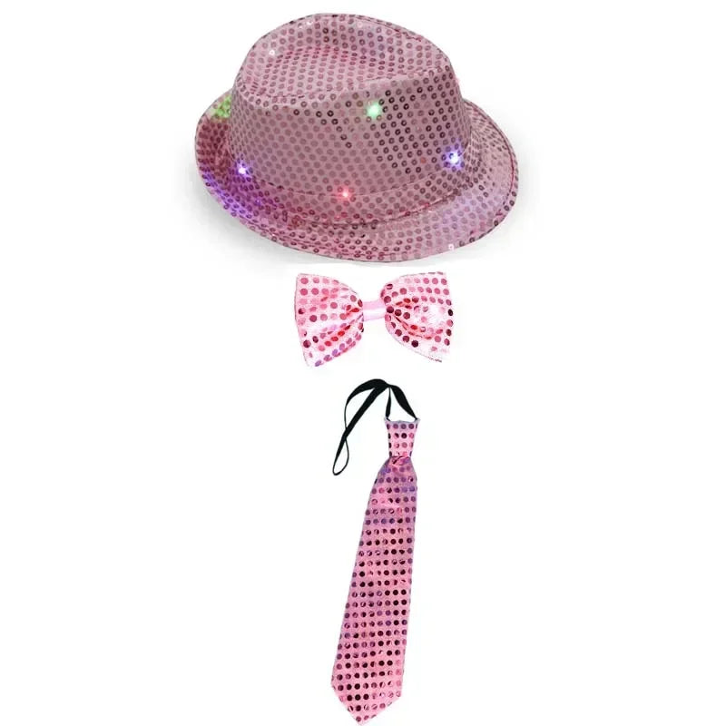 LED Light Up Sequin Jazz Hat & Tie Set | Party Costume LED Party Costume Set Babs light up pink 1 Adult size