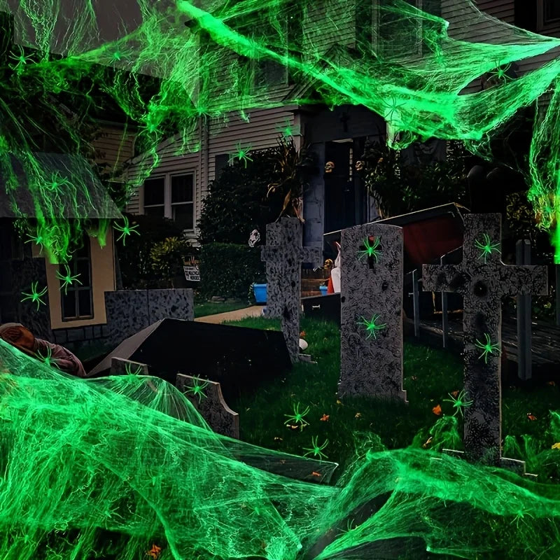 Glow-in-the-Dark Spider Web & 20 Black Spiders Halloween Decor Halloween Decoration Babs
