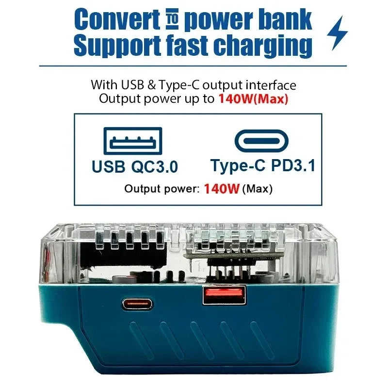 Makita 18V Battery USB-C Adapter 140W PD3.1 – Digital Display Battery Adapter Converter Babs